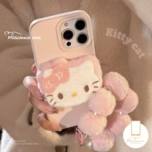 Bilashmart Trendy 3D DIY Doll Cartoon Plush Hello Kitty Bracelet Cute Kitty Bow Knot Cartoon Kitten Creative Funny Phone Accessories DIY Lovely Little Kitty Cat Accessories