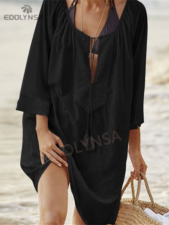 PRODUCTEI%20Women%20Swimsuit%20Cover%20Ups%20Kaftan%20Beach%20Tunic%20Dress%202023%20Summer%20Robe%20De%20Plage%20Solid%20Cotton%20Pareo%20Beach%20Cover%20Up%20#Q363%20-%20Image%202