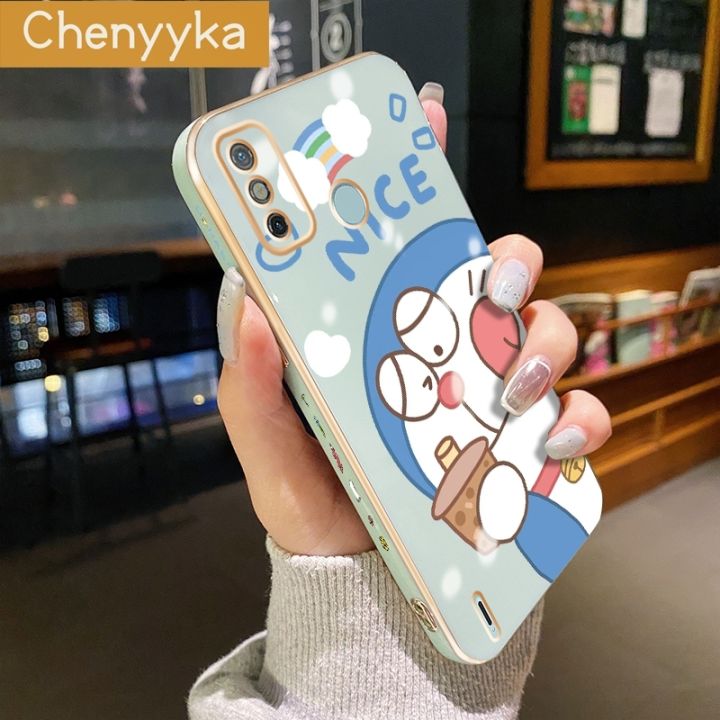 Chenyyka For Tecno Spark 6 Go Spark Go 2020 Spark Go 2021 Case Cartoon Cute Doraemon Luxury Plating Phone Case Edge Pattern Silicone Casing Full Back Cover Camera Protection Cases Softcase