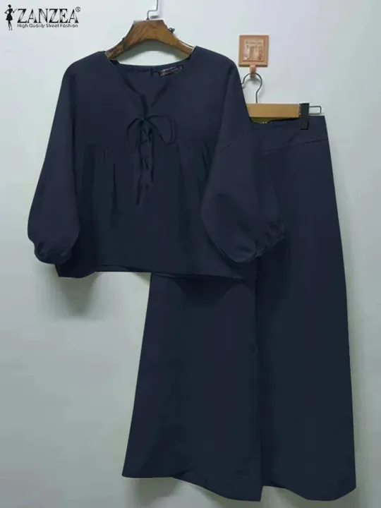 Women's%20Fashion%20Tops%20and%20Pants%20Elegant%20Women%20Matching%20Sets%202pcs%20Holiday%20Outfits%20Long%20Sleeve%20Solid%20Pleated%20Blouse%20Trousers%20Suits%20-%20Image%202