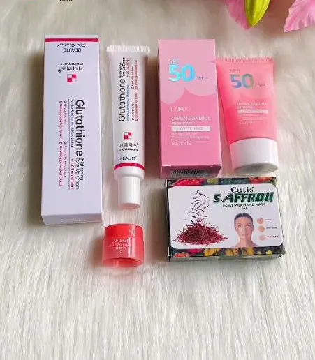 glutathione cream in japan Combo 4 pics (Beaute Glutathione Brightening Tone Up + Sakura Sunscreen + Saffron Goat Milk Soap Bar + Laneige Lipbalm) Face cream