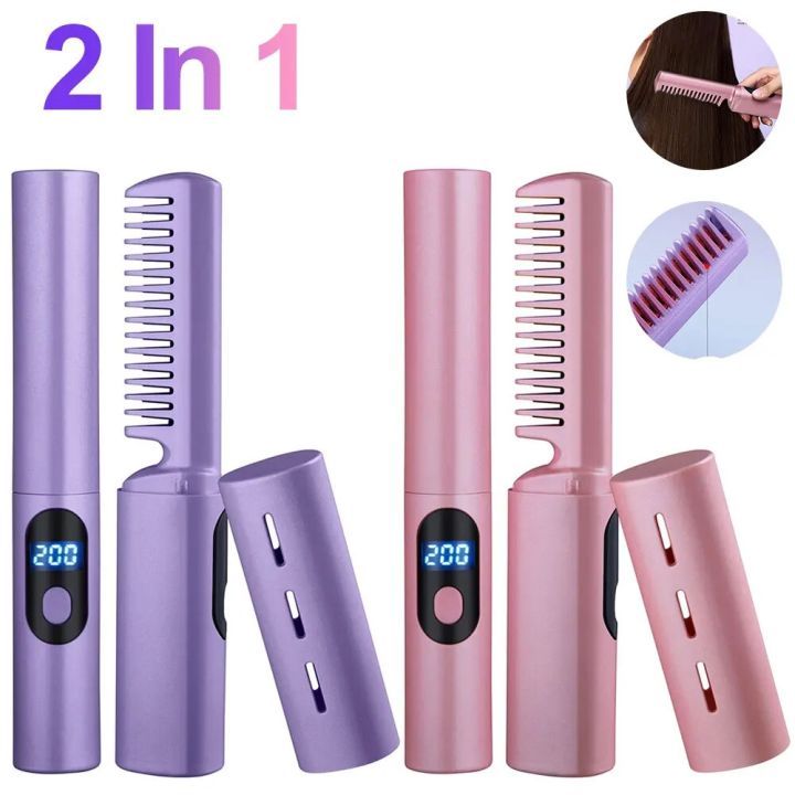 Mini Straightening Brush Hot Comb Women USB Rechargeable Hair Straightener  In Hair Comb Straight Hair Styling Appliances