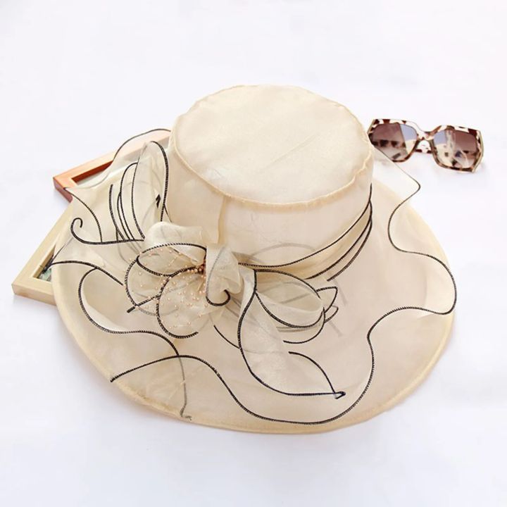 Elegant%20Women's%20Summer%20Hat%20Wide%20Bridal%20Style%20Leaf%20Flower%20Mesh%20Polyester%20Shower%20Hats%20Solid%20Color%20Sun%20Protection%20Visors%20Caps%20-%20Image%203
