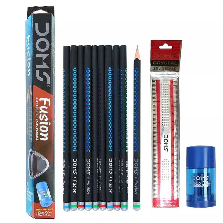 Doms Fusion X-Tra Super Dark Pencils - 10pcs With Free 1 Eraser 1 Sharpner and 1