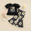 Kid Girl Outfit Set Letter Sunflower Printed Short Sleeve Ruffle Hem Tops Elastic Waist Flared Pants. 