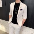 (Jackt+Pant)2021 Men Suits Half Sleeve Spring Summer Slim British Short Sleeve Blazer Coat Trend Male Designer Tuxedo 2 Pcs Set. 