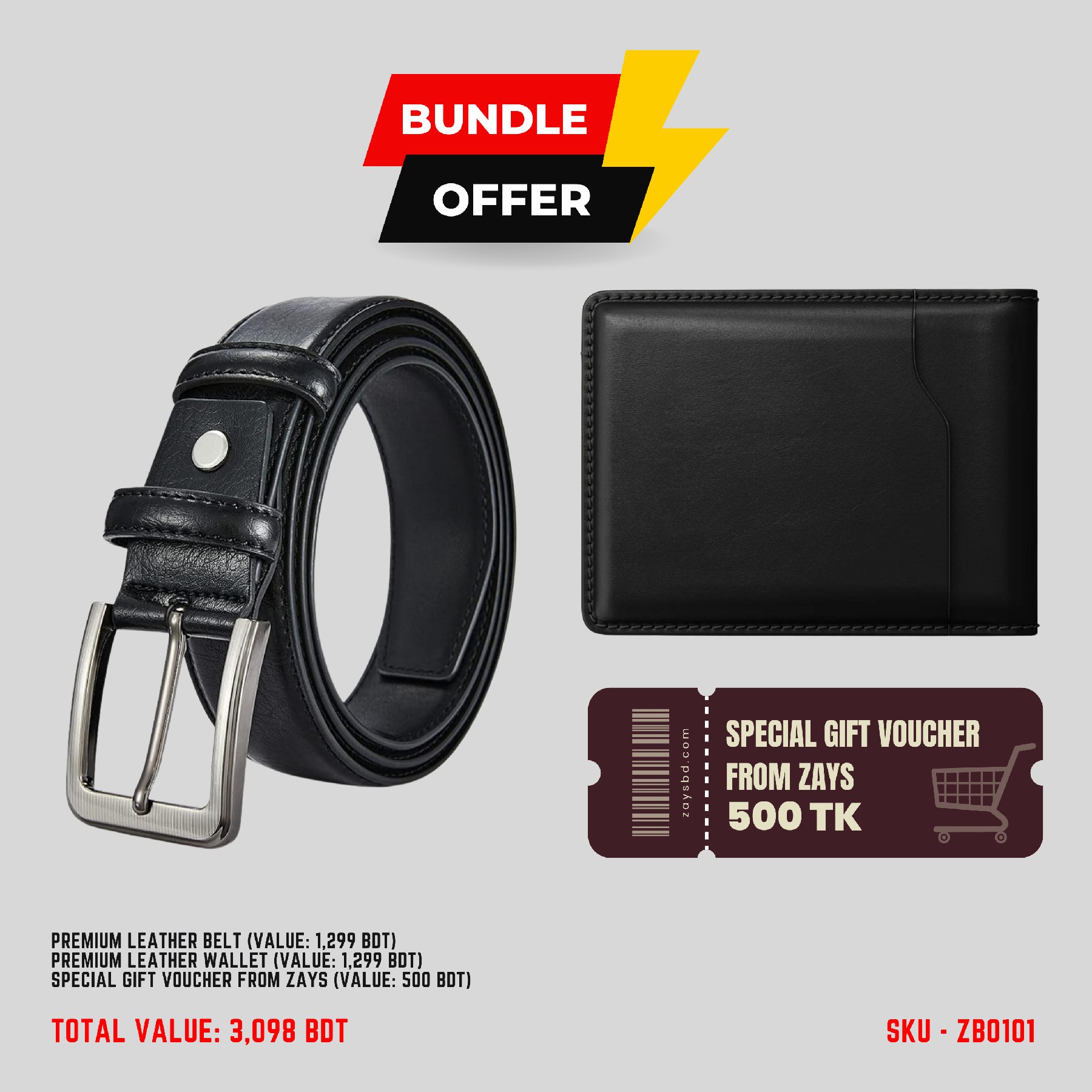 ZAYS Special Bundle: Premium Leather Belt, Wallet & Exclusive 500 TK Gift Voucher | Limited Time Deal & Stock | Huge Savings on Quality Leather Accessories