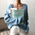 2024 Autumn and Winter Korean Style V Collar Loose Lazy Style Simple Irregular Hem Pullover Sweater Bottoming Sweater for Women. 