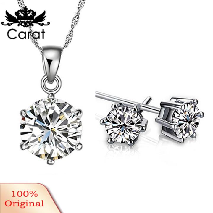 Carat Women Wedding Party Cubic Zirconia Pendant Necklace Stud Earrings Jewelry Set