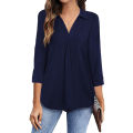 Womens relax wear Collared V Neck 3/4 Sleeve Shirts Business Casual Tops Loose Fit Work Blouses. 