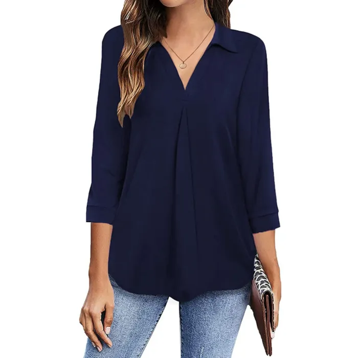 Womens%20relax%20wear%20Collared%20V%20Neck%203/4%20Sleeve%20Shirts%20Business%20Casual%20Tops%20Loose%20Fit%20Work%20Blouses%20-%20Image%203