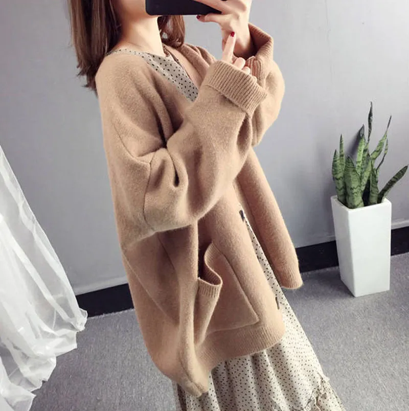2019 Spring Knitted Women Sweater Cardigan Beige Khaki Red Blue