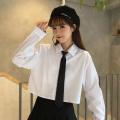 Korean Fashion White Shirt Woman 2023 Cute Crop Top Preppy Button up Shirts Oversize With Tie Long/Short Sleeve. 