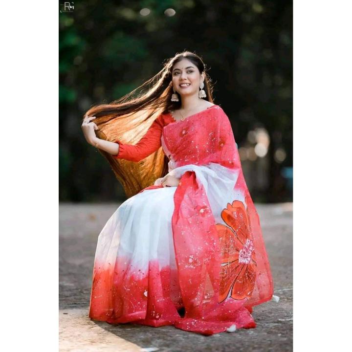 Exclusive Designer Hand Print Half Silk Saree for women - Sari