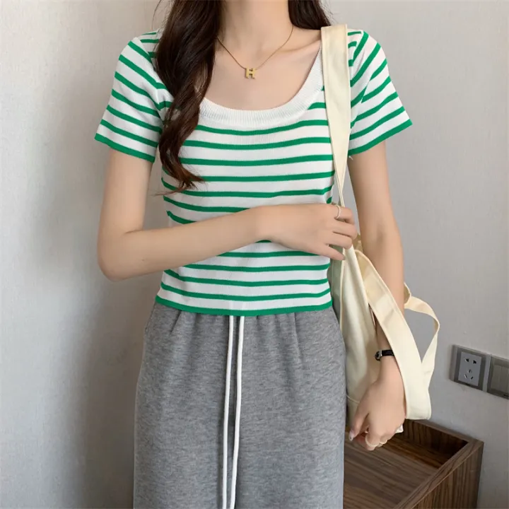 French%20Style%20Big%20u%20Collar%20Black%20and%20White%20Striped%20Shoulder%20Square%20Collar%20Short%20Sleeve%20T%20T-shirt%20Women's%20Summer%20Design%20Sense%20Niche%20Short%20Clavicle%20Top%20-%20Image%204