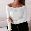 Lace Stitching Collar Long Sleeve Solid Color Knitted Blouse Autumn Office Ladies Elegant Off Shoulder Ribbed Knitwear Work Garm. 