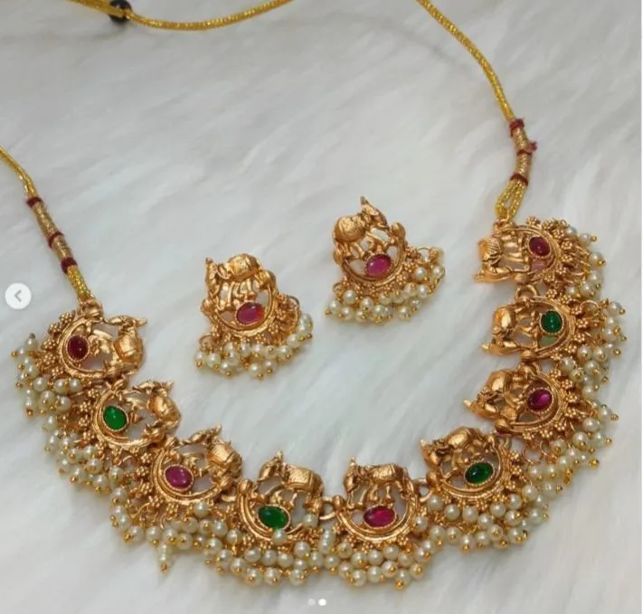 Ethnic%20Elephant%20Motif%20with%20Ruby%20&%20Emerald%20Stones%20and%20White%20Pearl%20Drops%20Temple%20Choker%20Necklace%20Set%20for%20Women%20Fashion%20jewelry%20-%20Image%204