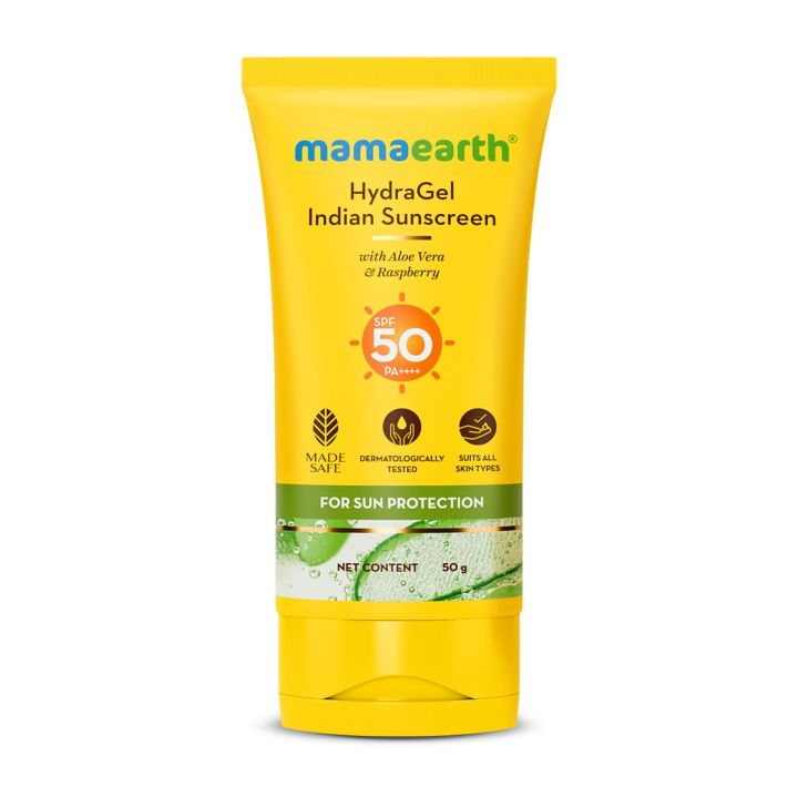 mamaearth HydraGel Indian Sunscreen SPF 50 & PA++++, With Aloe Vera & Raspberry, for Sun Protection - 50g | No White Cast | UVA & B Protection | Hydrating, Lightweight & Non-Sticky | For All Skin Types