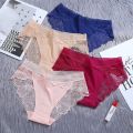 Women Ice Silk Panties Lace Seamless Hollow Out Mid Waist Underwear. 