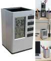 Pen Holder with Digital Watch - Silver Cube Desk Pen Stand With Digital Clock (Temperature , Alarm & Calendar) | smart pen holder.