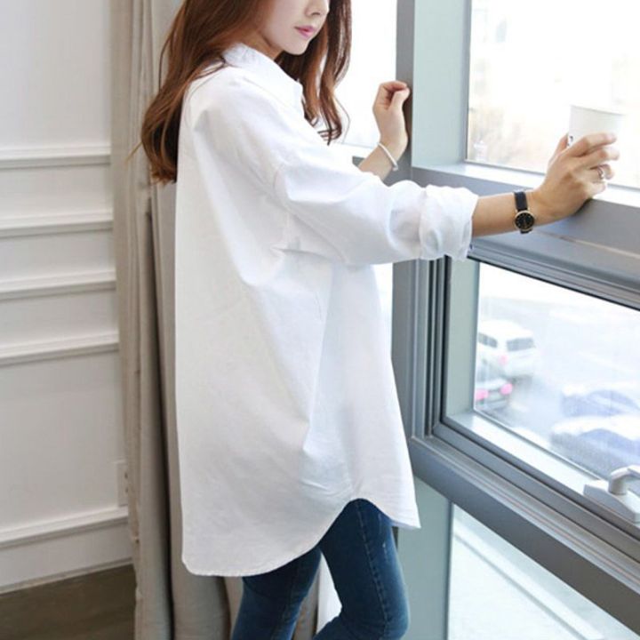 Mid-Length%20White%20Shirt%20for%20Female%20Students%20Loose%20Base%20Korean%20All-Match%20Simple%20Large%20Size%20Women's%20Shirt%20Sun%20Protection%20Clothing%20-%20Image%208