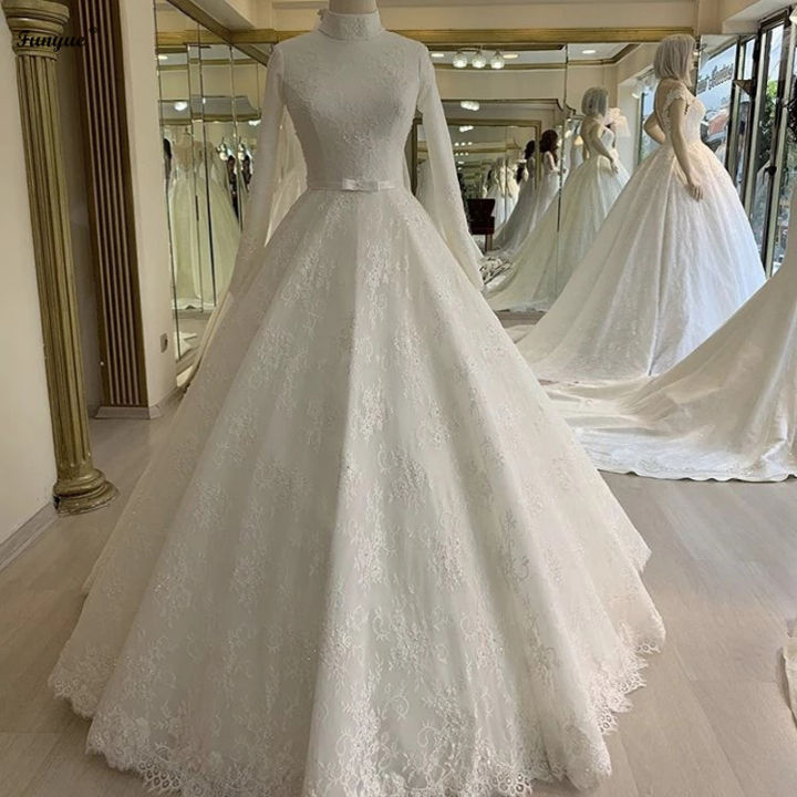 Elegant High Neck Long Sleeves Lace Muslim Wedding Dresses Vestido De Noiva Picture Bridal Ball Gown Bride Dress