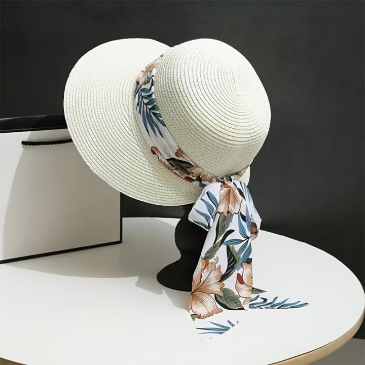Women%20Summer%20Streamer%20Bow%20Bowler%20Hat%20Outdoor%20Large%20Rim%20Visor%20Foldable%20Sun%20Hat%20Beach%20Cap%20-%20Image%204