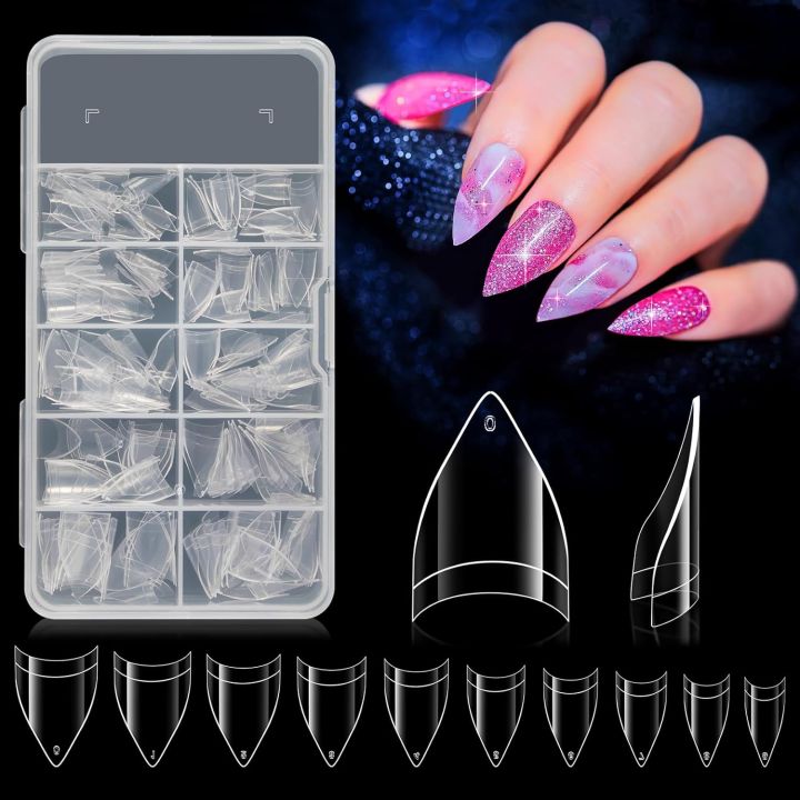 200pcs Nail Tips Short Stiletto Acrylic Pre-Shaped Extra Clear Short Nails 10 Sizes Half Cover Nail Tips for Acrylic Nails