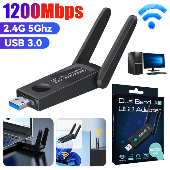 1200Mbps USB 3.0 Wireless Network Card Dual Band 2.4G 5Ghz Ethernet Adapter WiFi Adapter WiFi Dongle Dual Antenna for PC Laptop