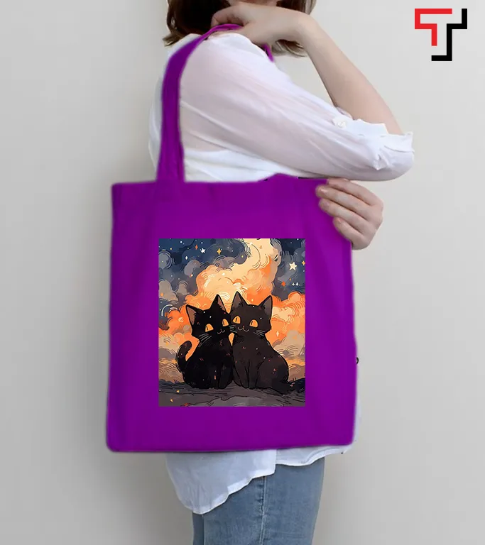 Deep purple canvas bag top with psychedelic cats design (In stock ready to ship)