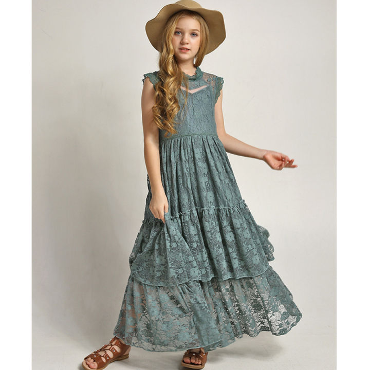 GC%20Girls%20Short%20Sleeve%20Lace%20Applique%20Dresses%20Casual%20Zipper%20Solid%20Color%20Long%20Skirts%20Summer%20Maxi%20Dress%20For%20Ceremony%20-%20Image%207