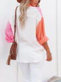 Eligible Women's Blouse Contrast Color Stitching Long Sleeve Lapel Button Closure Loose Versatile Casual Shirt Tops. 