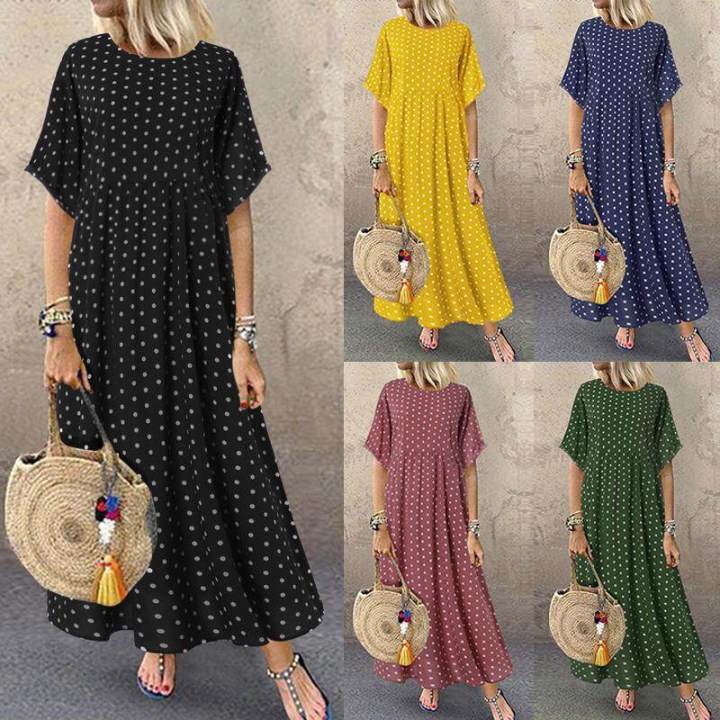 ZANZEA%20Women%20Flared%20Short%20Sleeve%20Summer%20T-Shirt%20Dress%20Polka%20Dot%20Long%20Maxi%20Dress%20-%20Image%203