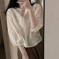 Korean Style French Style Fairy Design Lace Embroidered Flower Fashionable round Neck Loose Puff Sleeves Shirt for Women.