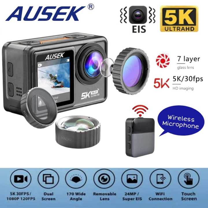Wireless Microphone Supported Ausek Waterproof 5K Dual Display WiFi Action Camera Dual Touch Screen - Combo Pack (Dual Battery, Charger, Microphone, Remote) with 6 month Warranty by DRONE ZON