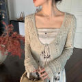 South Korea 2024 Summer New All-Matching Hollow Crocheted Flower Linen Knitwear Lace-up Long Sleeve Cardigan Shawl for Women.