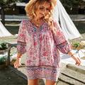 Womens Bohemian Dress Summer Floral Print V Neck Dresses Casual 3/4 Long Sleeve Beach Dress Green TEMOFON. 