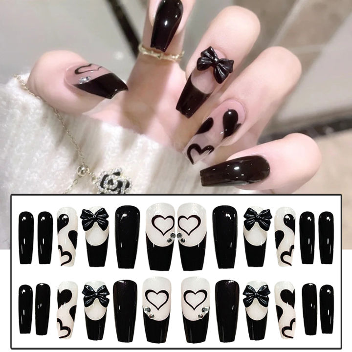 24pcs Long Press On Nails Cute Black Bow Design Nails Full Coverage Nail Manicure Salon DIY Art Dark Style Nails Tips Uñas