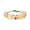 Boho Flower Crown Floral Garland Headband Flower Headpiece with Ribbon Champagne. 