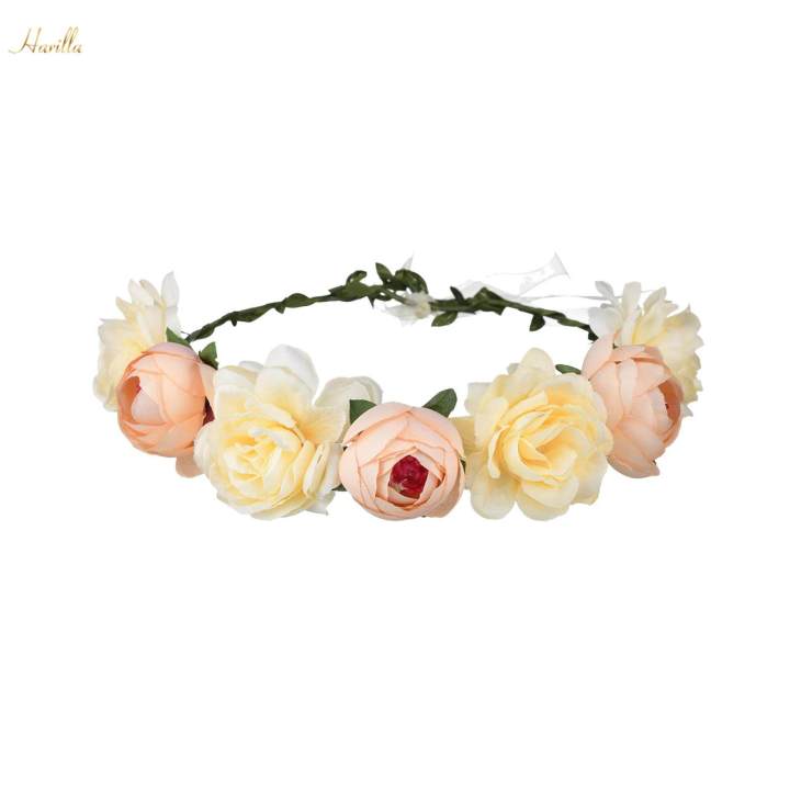 Boho%20Flower%20Crown%20Floral%20Garland%20Headband%20Flower%20Headpiece%20with%20Ribbon%20Champagne%20-%20Image%203