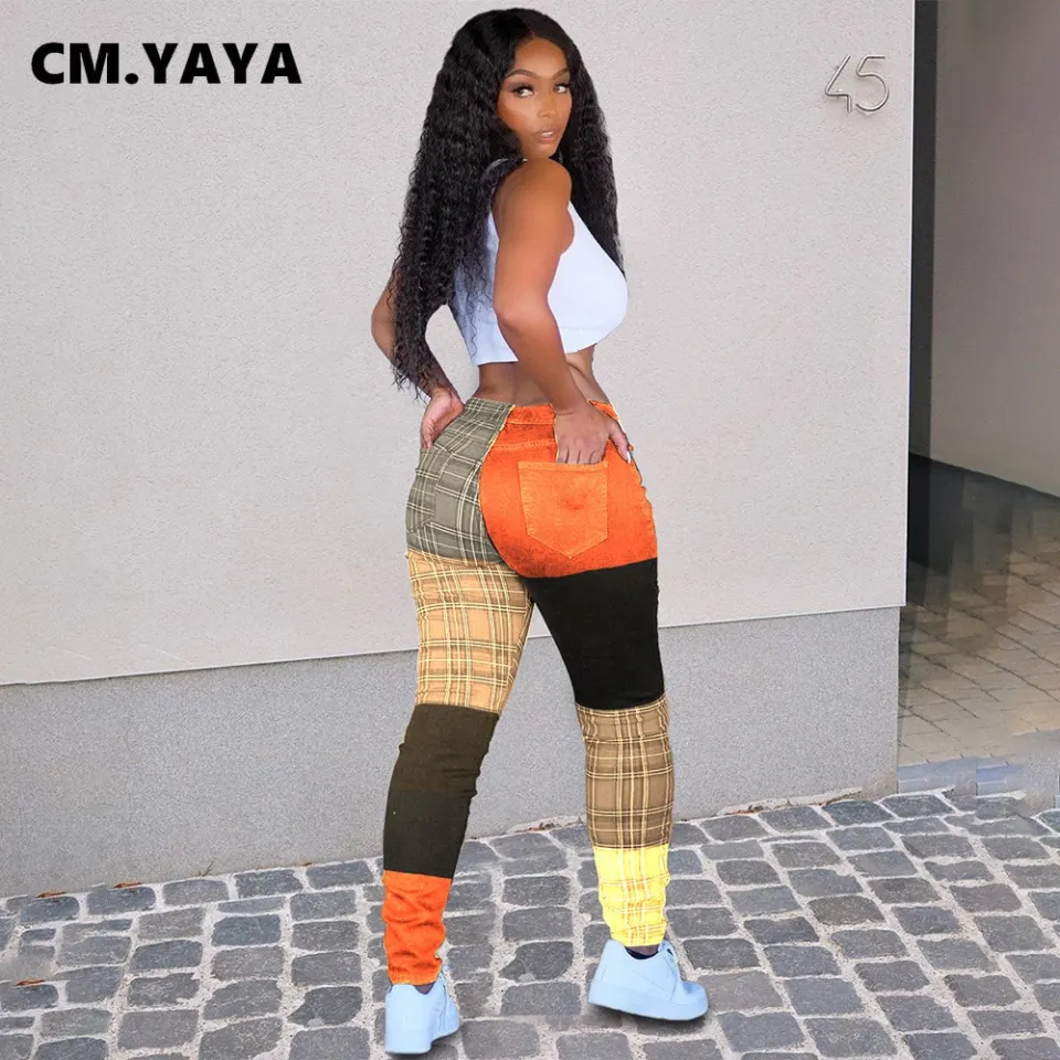 Streetwear Women Plaid Patchwork Pants Leggings High Waist