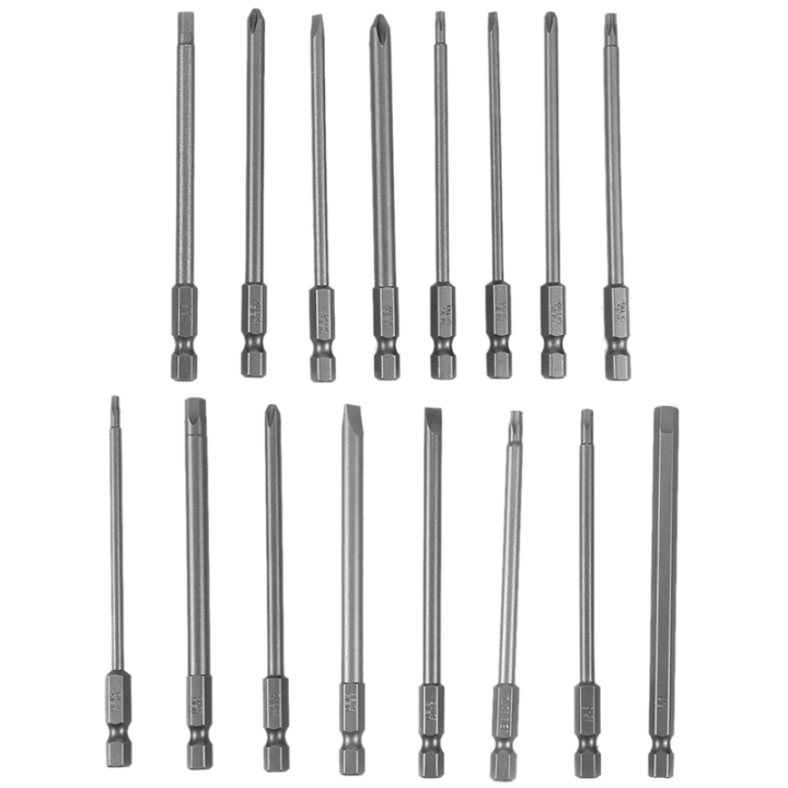 16Pcs Long Magnetic Screwdriver Bits Set Slotted++Hex+Torx Drill Bit ...