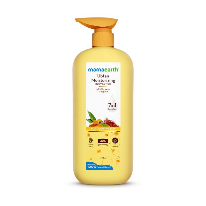 Mamaearth Ubtan Moisturizing Body Lotion with Turmeric & Saffron for Glowing Skin 400 ml | 48H Moisturization | Nourishes Dry Skin | 7in1 Total Care | 100% Natural Butter | Non-Greasy Smooth Skin