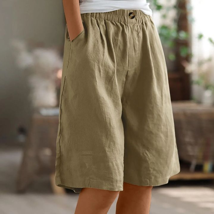 Fashion%20Solid%20Color%20Pants%20Pocket%20Button%20Up%20Capris%20Elastic%20Waist%20Loose%20Cotton%20Linen%20Women's%20Shorts%20-%20Image%209