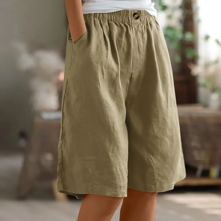Fashion%20Solid%20Color%20Pants%20Pocket%20Button%20Up%20Capris%20Elastic%20Waist%20Loose%20Cotton%20Linen%20Women's%20Shorts%20-%20Image%203