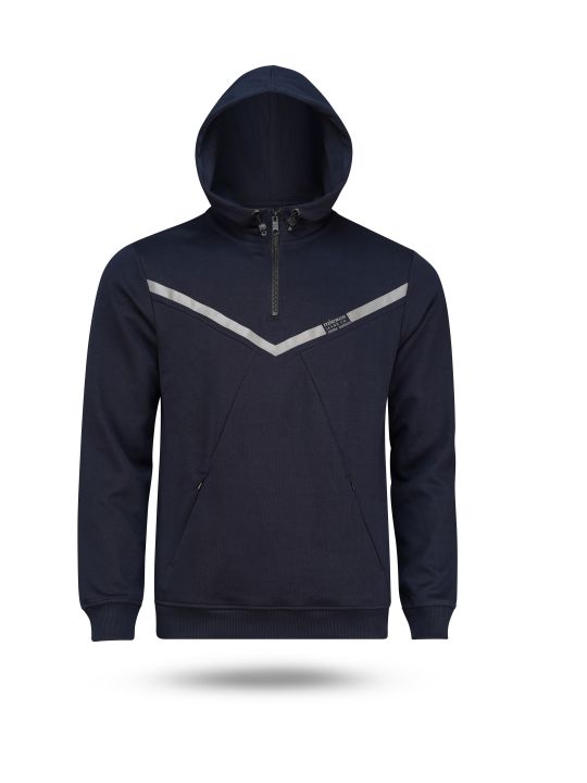 MIRROR Navy Blue Half Zip Cotton Hoodie For Men