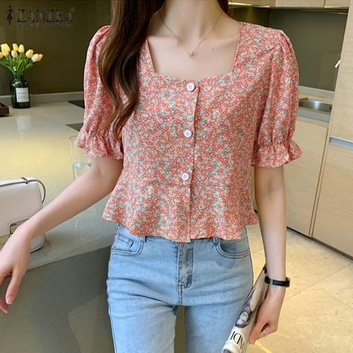 ZANZEA%20Korean%20Style%20Women%20Holiday%20Floral%20Printed%20Shirt%20Romantic%20Puff%20Sleeve%20Crop%20Blouse%20Tops%20-%20Image%203
