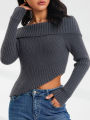 Women's Off Shoulder Sweater, Long Sleeve Solid Color Asymmetrical Hem Knit Tops. 
