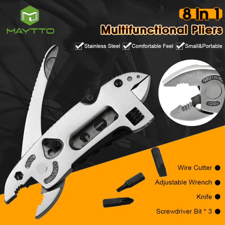 MAYTTO Pliers Multitool 8 In 1 Tools Set Multi-function Pliers Portable Pliers Folding Pliers Knife Wire Cutter for Outdoor Adventure Hunting Camping Hiking Stainless Steel Pliers with Safety Lock