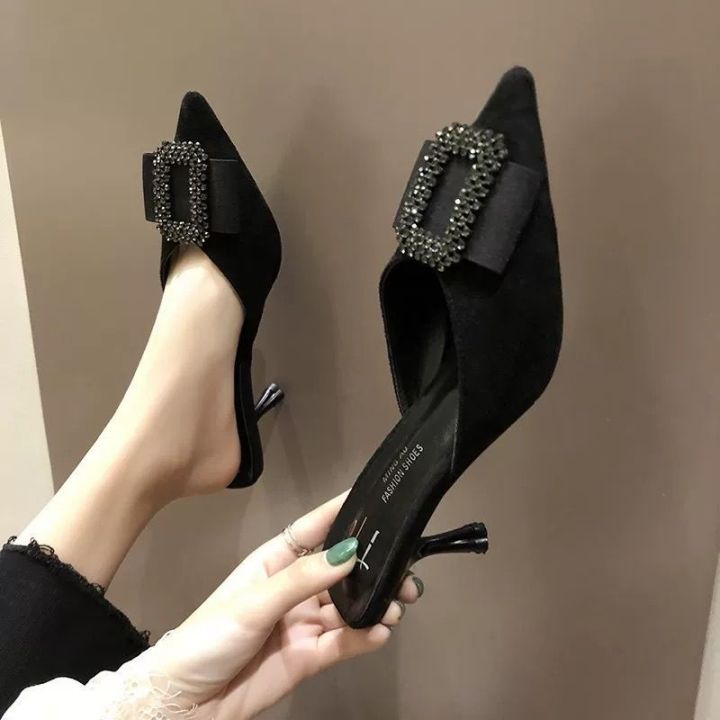 Fairy%20Style%20Slippers2022Autumn%20Korean%20Style%20Rhinestone%20Metal%20All-Matching%20High%20Heels%20Wanwan%20Lei%20Style%20Lazybones'%20Mules%20Women's%20Shoes%20-%20Image%203